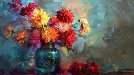 vibrant floral still life painting flowers in jar vintage oil painting style digital art