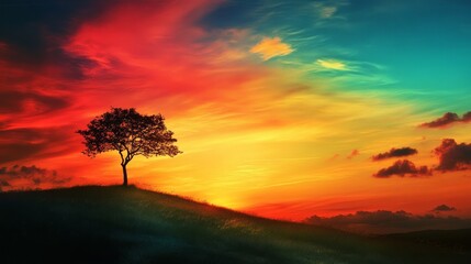 A stunning sunset landscape with vibrant colors blending into the sky, featuring a solitary tree on a gentle hill.