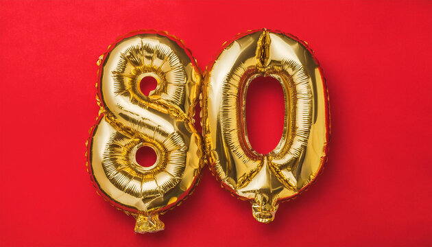 Balloon in shape of number 80 against vivid red backdrop. Happy Birthday. Holiday celebration