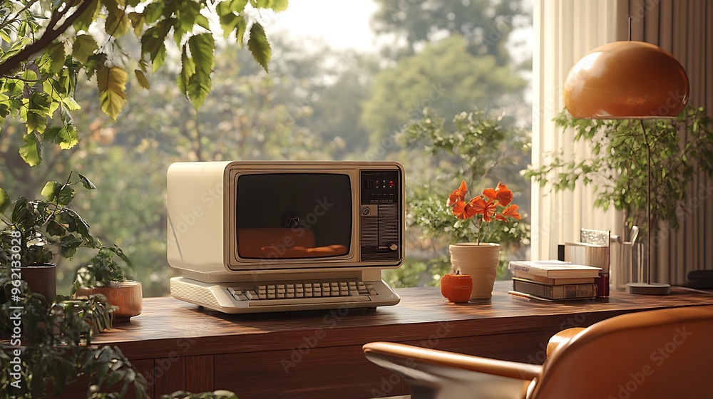 Poster retro computer on a desk by a window with plants and an orange.