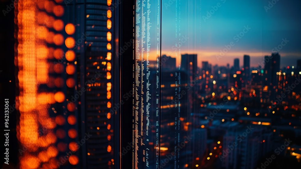 Poster bright city lights reflected on glass windows with digital code running over the view. urban skyline