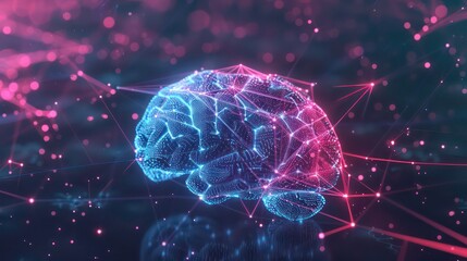 A glowing 3D digital rendering of a human brain with pink and blue lines emanating from it.