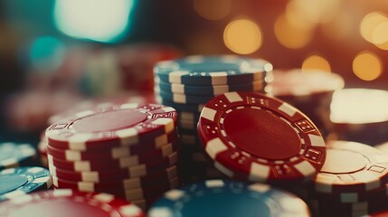Poker chips cascade onto a table in a stunning close-up, embodying the thrill of casino gaming and the allure of chance. 