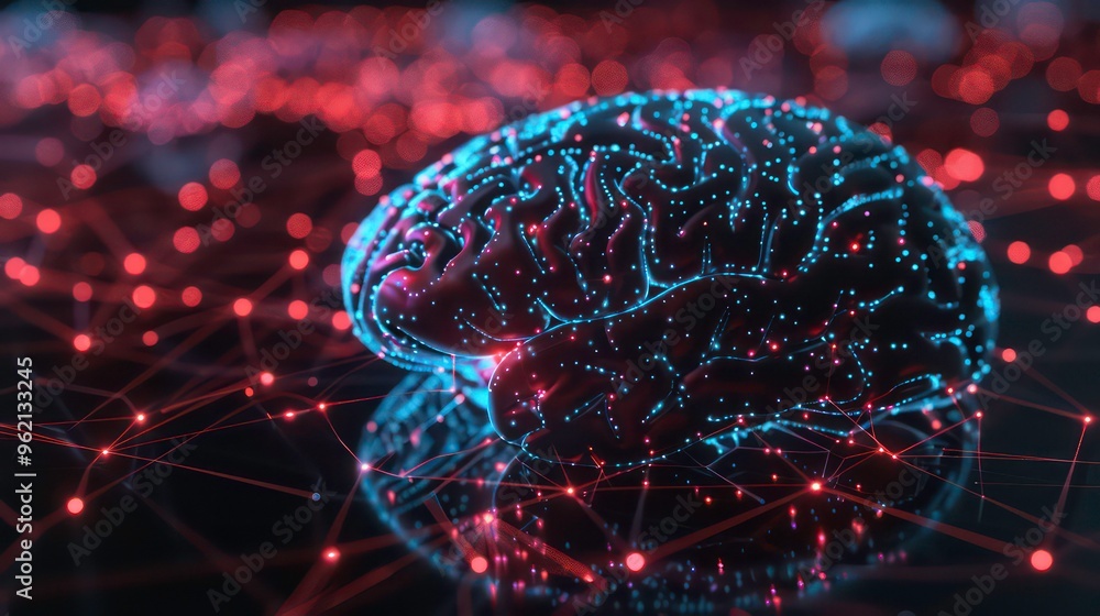 Poster a 3d rendering of a digital brain, composed of glowing blue and red dots connected by lines. the bac
