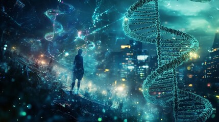 A futuristic view of biotechnology, with DNA editing and synthetic biology tools.