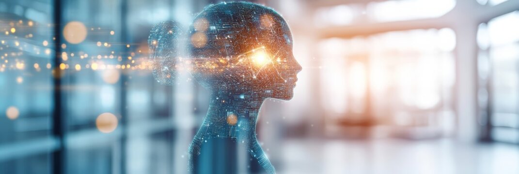 Digital human head silhouette with glowing circuits and data streams in an office. Represents artificial intelligence and coding.