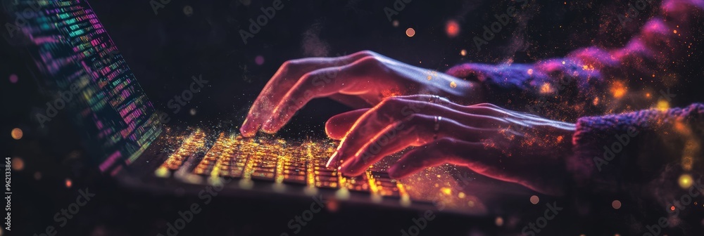 Poster Hands typing on a glowing keyboard with code in the background. Concept of programming, hacking, and software development.