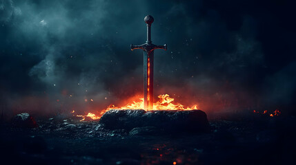 Obraz premium A Mighty Sword Stands Tall in a Blazing Inferno, A Symbol of Strength and Courage in the Darkness