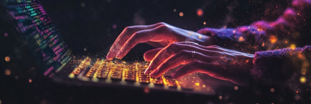 Hands typing on a glowing keyboard with code in the background. Concept of programming, hacking, and software development. - Powered by Adobe