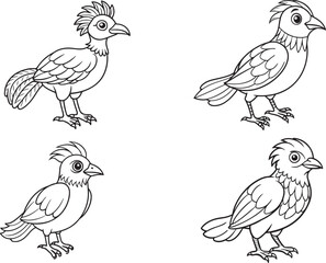 Black line art of a dancing peacook bird for kids coloring drawing book in white background