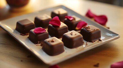 A gourmet plate of rose petal-infused chocolates, each piece carefully decorated with a single edible rose petal