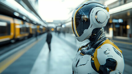 Fototapeta premium Futuristic Robot Stands on a Platform with a Train in the Background, Waiting for Arrival - Urban Scenery, Sci-Fi, Modern