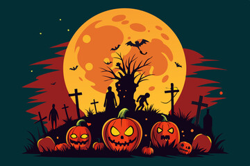 Blood Moon, Pumpkins, Zombies Halloween T-Shirt Vector Design