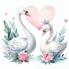 Obraz premium Cute swans with heart on white background.AI