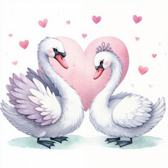 Fototapeta premium Cute swans with heart on white background.AI