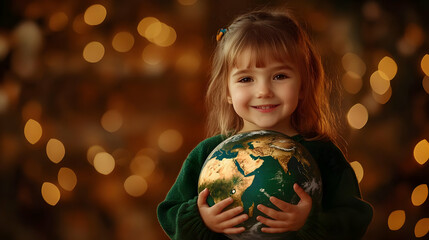 Naklejka premium A Little Girl Holding a Globe, Smiling, with a Warm Background of Golden Lights, a Symbol of Hope for the Future of Our Planet