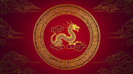 Golden Dragon with Clouds and Chinese Pattern Background Animation