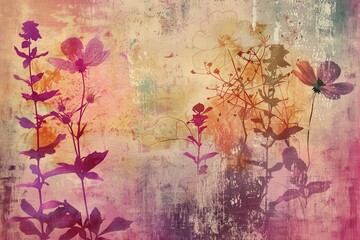 vibrant grunge floral abstract textured paper with watercolor blooms and plant silhouettes mixed media digital art