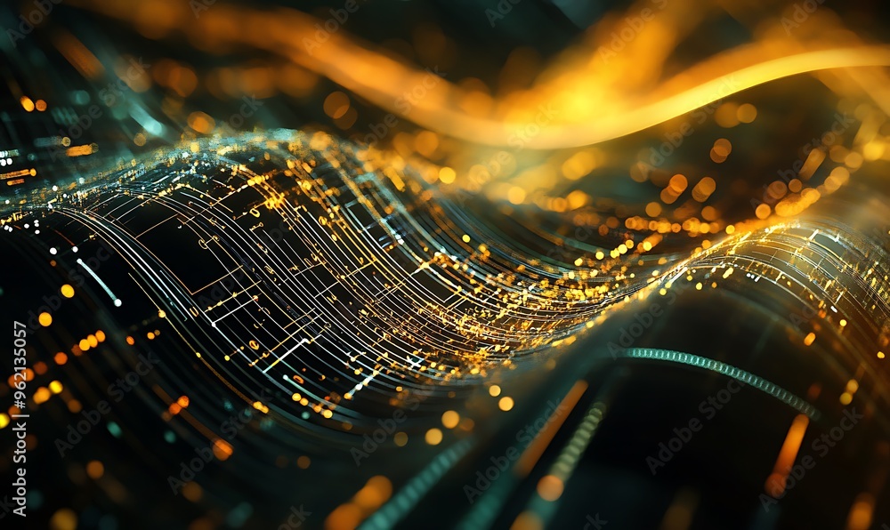 Poster abstract digital wave with glowing lines and particles