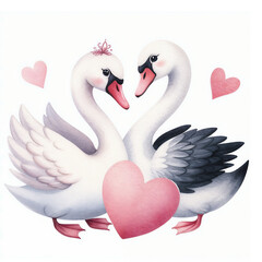 Fototapeta premium Cute swans with heart on white background.AI