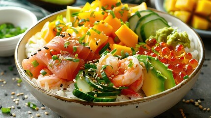 vibrant hawaiian poke bowl bursting with fresh ingredients colorful array of tuna salmon shrimp avocado and mango atop rice appetizing food photography highlights culinary diversity