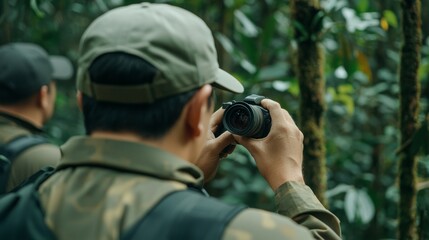 Obraz premium A photostock image of wildlife conservationists protecting an endangered species in a forest
