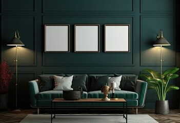 Mock up poster frame in dark green living room interior.
