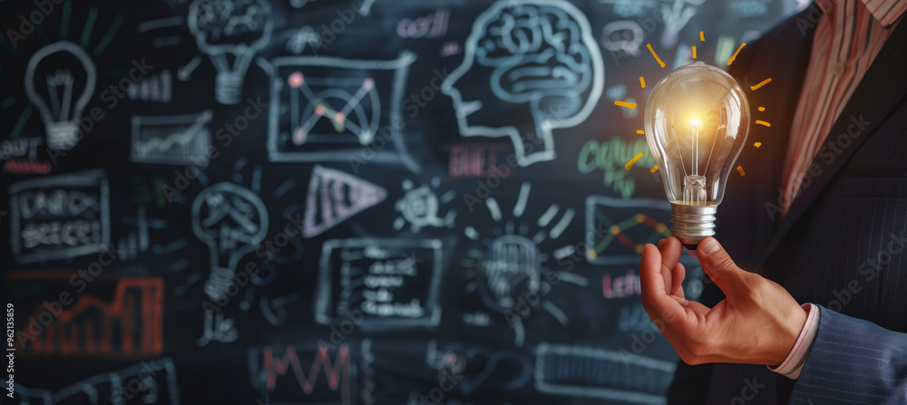 Poster person holding light bulb in front of a chalkboard with various drawings and diagrams. concept of in
