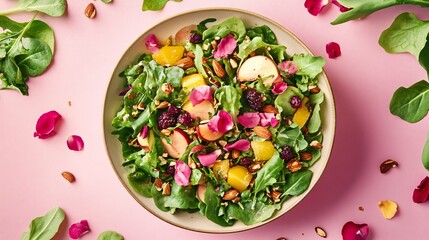 A vibrant salad bowl filled with mixed greens, fresh fruit, nuts, and a scattering of edible rose petals