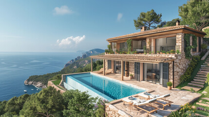 Traditional mediterranean Finca house with pool on hill with stunning sea view Summer vacation holiday background