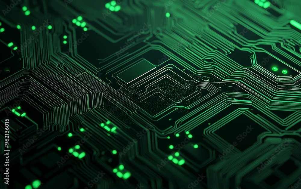 Poster glowing green circuit board with intricate pathways top view symbolizing the inner workings of techn