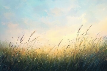 Abstract Painting of Grass and Sky at Sunset