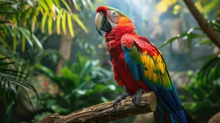 vibrant macaw parrot perched on tropical branch iridescent feathers rainforest backdrop hyperdetailed closeup portrait