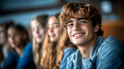 Obraz premium Smiling Teenager in a Group of Friends, Happy Teenager, Cheerful Young Man, Young Person Smiles, Group of Friends, Teenagers Hanging Out, Friends Together, Young People Laughing, Positive Energy