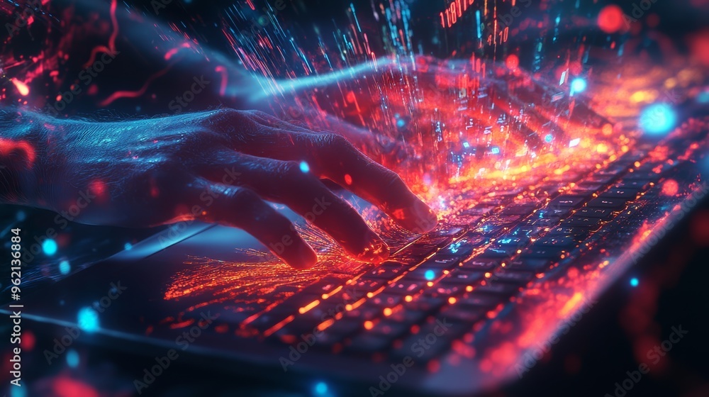 Aufkleber Close-up of hands typing with data and code sparks flying. Concept of coding and hacking.