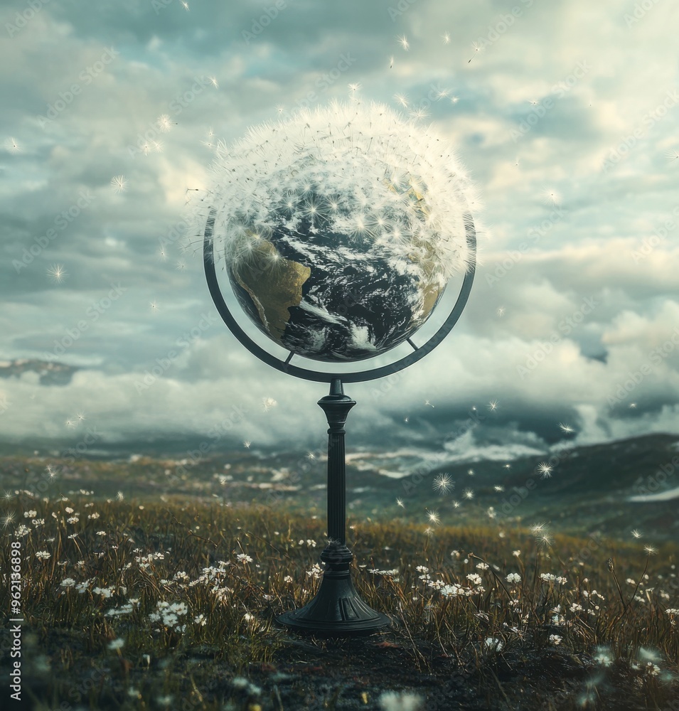 Aufkleber Globe stands on an elegant stand in the center of a field, surrounded by small flowers and misty hills in the background. The Earth is covered with fluffy clouds that form delicate patterns around it