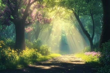 Sunbeams Streaming Through a Lush, Forested Path