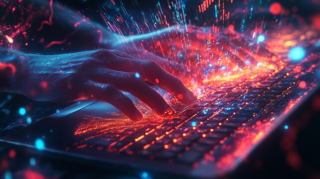 Close-up of hands typing with data and code sparks flying. Concept of coding and hacking.