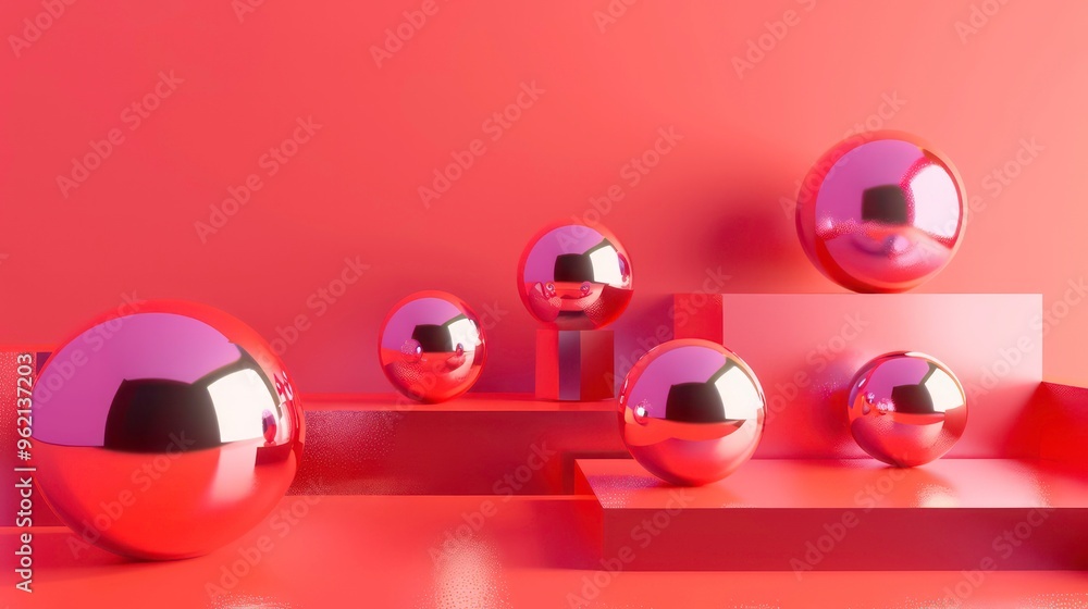 Aufkleber a minimal 3d rendering of red spheres on red platforms against a red background.