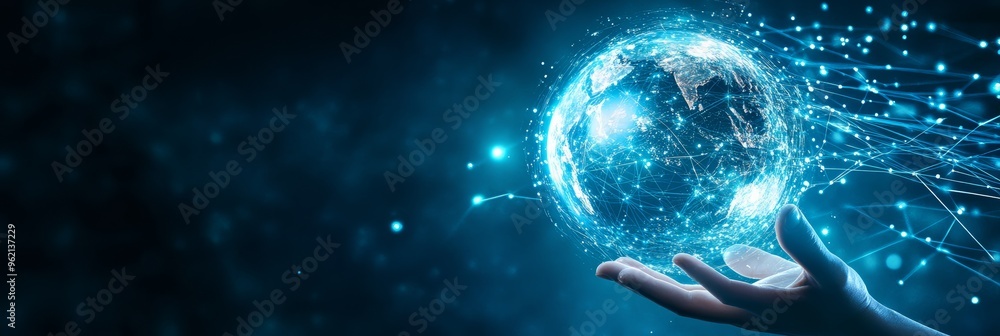 Poster Hand interacting with futuristic globe representation of a digital network. Global connections and virtual technology concept.