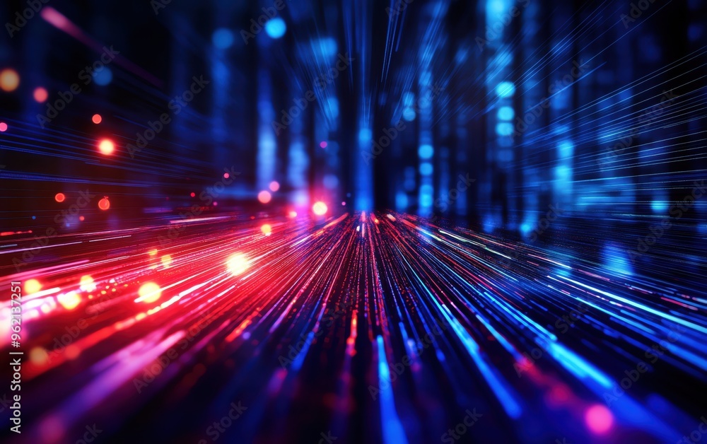 Poster dynamic lights create a mesmerizing effect, showcasing vibrant colors and speed in a futuristic digi