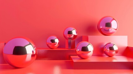 A minimal 3D rendering of red spheres on red platforms against a red background.