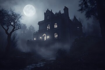Naklejka premium Foggy Night Haunted House