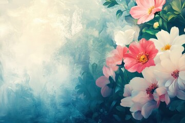 Abstract Painting of Delicate Pink and White Flowers with Green Leaves