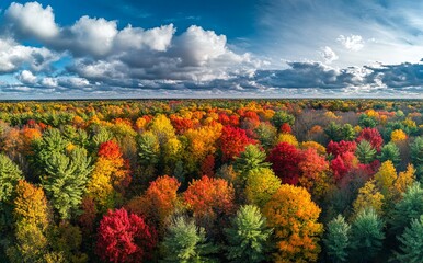 Fototapeta premium Panoramic View of Forest in Full Autumn Color with Elevated Perspective, AI generated illustration