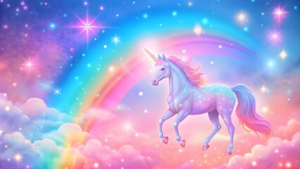 Fototapeta premium Whimsical pastel rainbow unicorn background shines with sparkling stars against a soft, pink fantasy sky Fairy iridescent gradient backdrop Backgrounds
