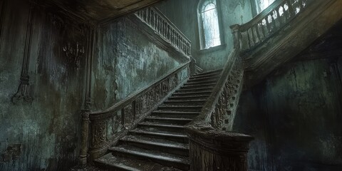 Fototapeta premium A Dark and Decaying Stairwell in an Abandoned Building