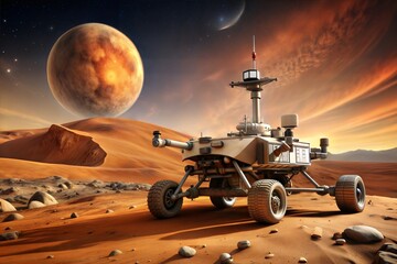 Mars rover exploring red planet under glowing orange and blue sky at sunset