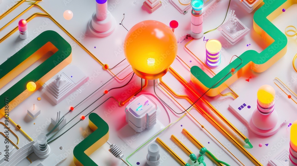 Aufkleber a glowing orange lightbulb sits at the center of a complex network of colorful wires, geometric shap