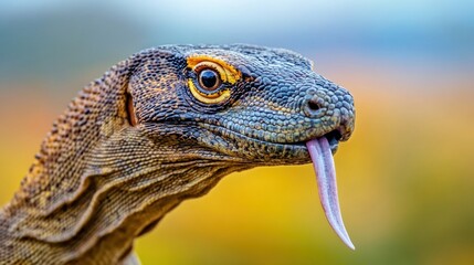 Fototapeta premium A close up of a lizard with its tongue sticking out, AI